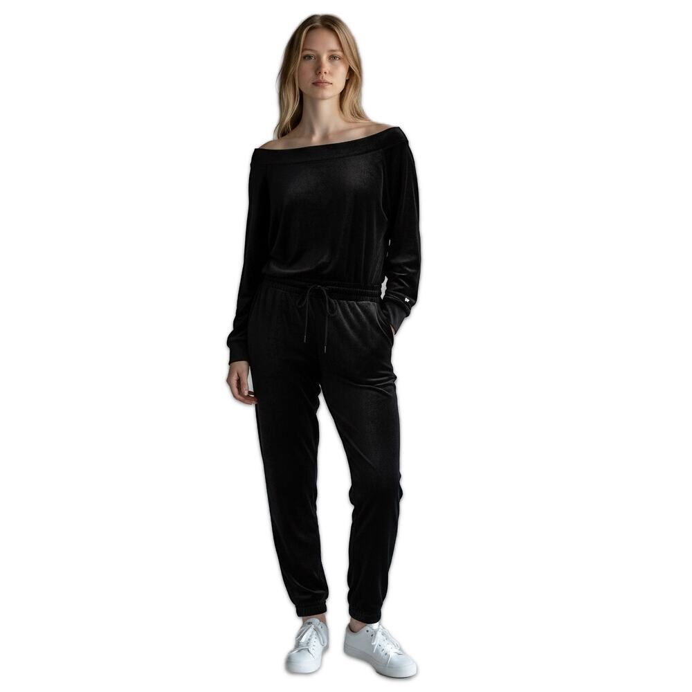 Fabletics Cozy Cord Off Shoulder Jumpsuit Black French Terry Jogger Large New